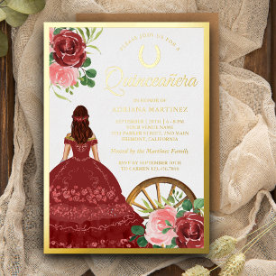 Invitación Con Relieve Metalizado Vestido Rojo Floral Rústico Charro Quinceañera Dor