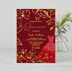 Invitación Con Relieve Metalizado Vestido Rojo Flores Doradas Hojas Dulces 16