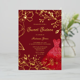 Invitación Con Relieve Metalizado Vestido Rojo Hojas Doradas Elegante Dulces 16 Dora