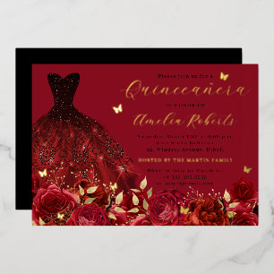 Invitación Con Relieve Metalizado Vestido Rojo Mariposa Floral Dorado