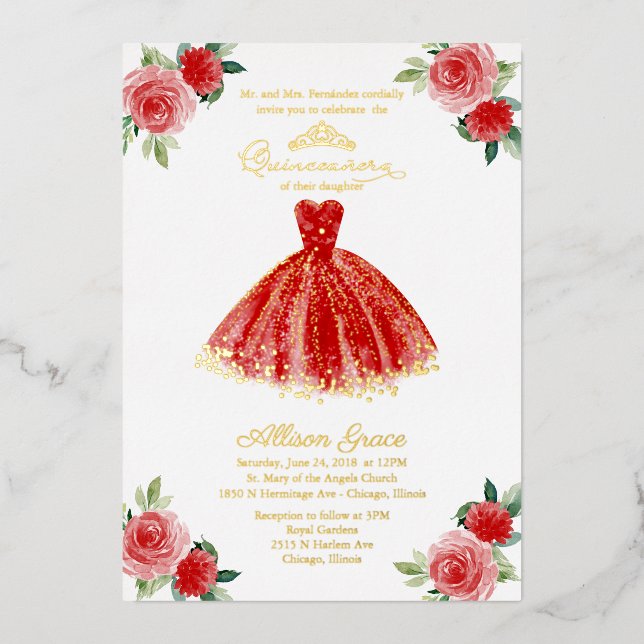 Invitación Con Relieve Metalizado Vestido rojo Quinceanera (Anverso)