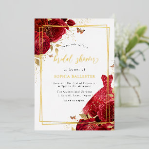 Invitación Con Relieve Metalizado Vestido Rojo y Flores de Hoja de Oro para Despedid