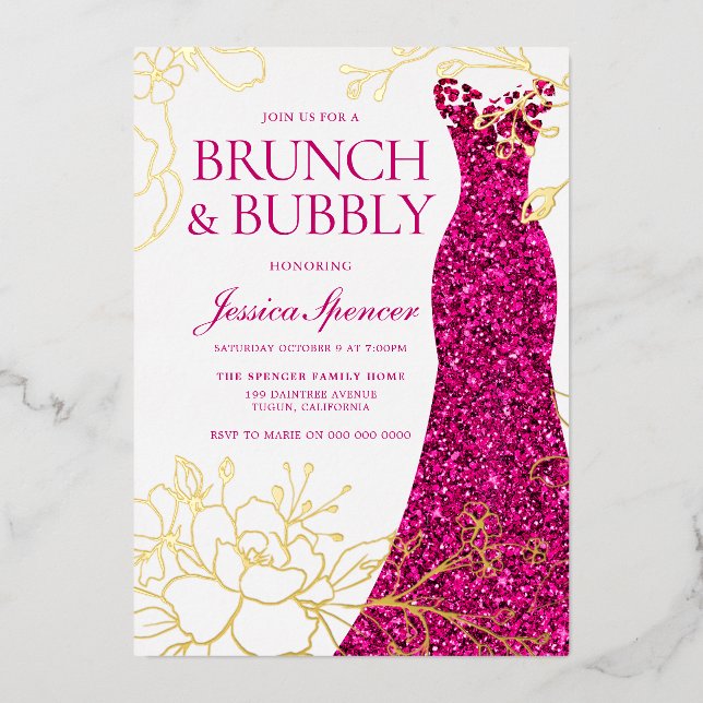 Invitación Con Relieve Metalizado Vestido rosa Brunch floral Bubbly Bridal Shower Go (Anverso)