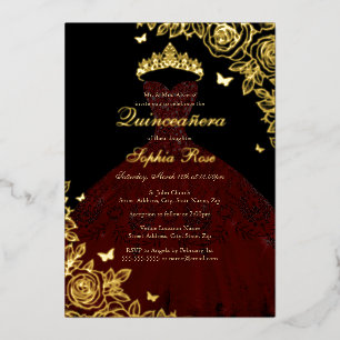 Invitación Con Relieve Metalizado Vestido Rosa de Quinceañera de Borgoña Negra Dorad