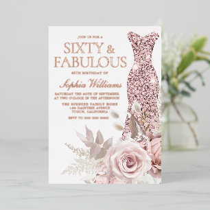 Invitación Con Relieve Metalizado Vestido Rosa Dorado, Rosa Claro Cumpleaños 60 Fies