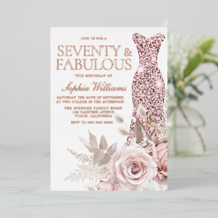 Invitación Con Relieve Metalizado Vestido Rosa Dorado, Rosa Claro Cumpleaños 70