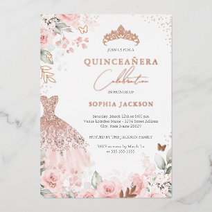 Invitación Con Relieve Metalizado Vestido Rosa Dorado Rosa Floral Quinceanera