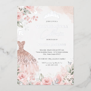 Invitación Con Relieve Metalizado Vestido Rosa Floral Quinceañera Silver Blush 