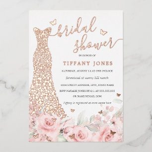 Invitación Con Relieve Metalizado Vestido Rosa Floral Rosado para Despedida de Solte