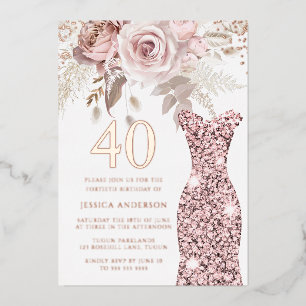 Invitación Con Relieve Metalizado Vestido Rosado Fabuloso Cumpleaños 40 años Fiesta 