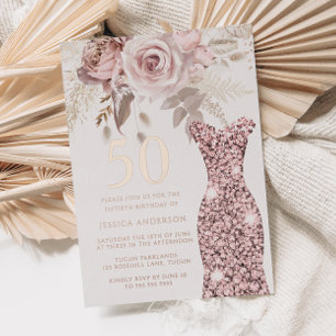 Invitación Con Relieve Metalizado Vestido Rosado Fabuloso Cumpleaños 50 Aniversario