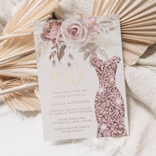 Invitación Con Relieve Metalizado Vestido Rosado Fabuloso Cumpleaños 60 Aniversario