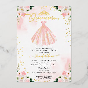 Invitación Con Relieve Metalizado Vestido Rosado Quinceanera