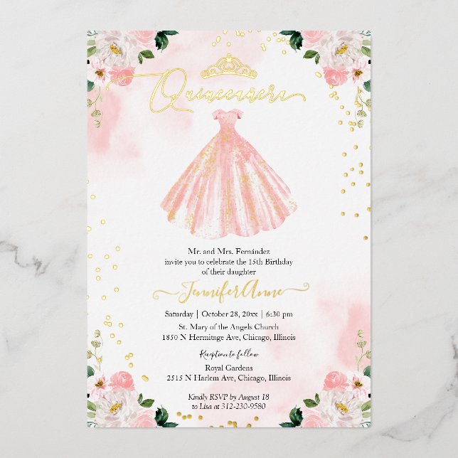 Invitación Con Relieve Metalizado Vestido Rubor Quinceanera (Anverso)