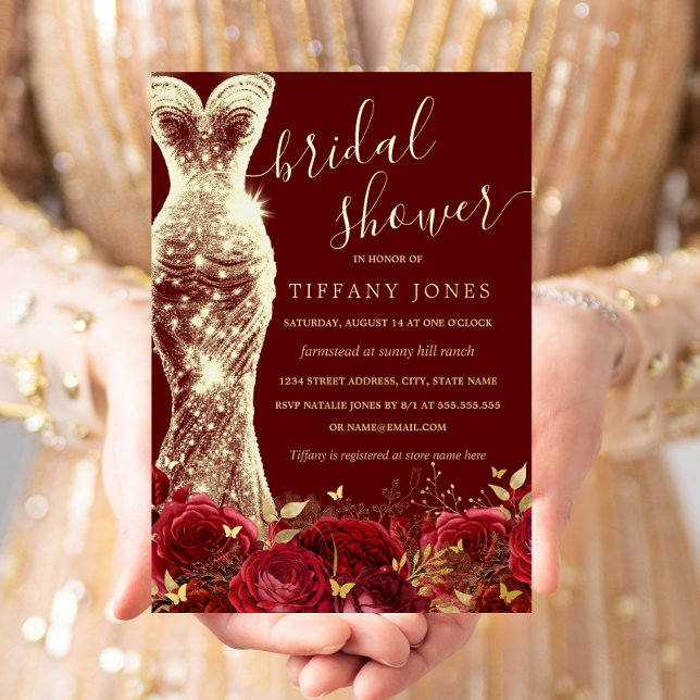 Invitación Con Relieve Metalizado Vestido Shimmer Rojo Dorado Rosa Floral Bridal Sho (Subido por el creador)