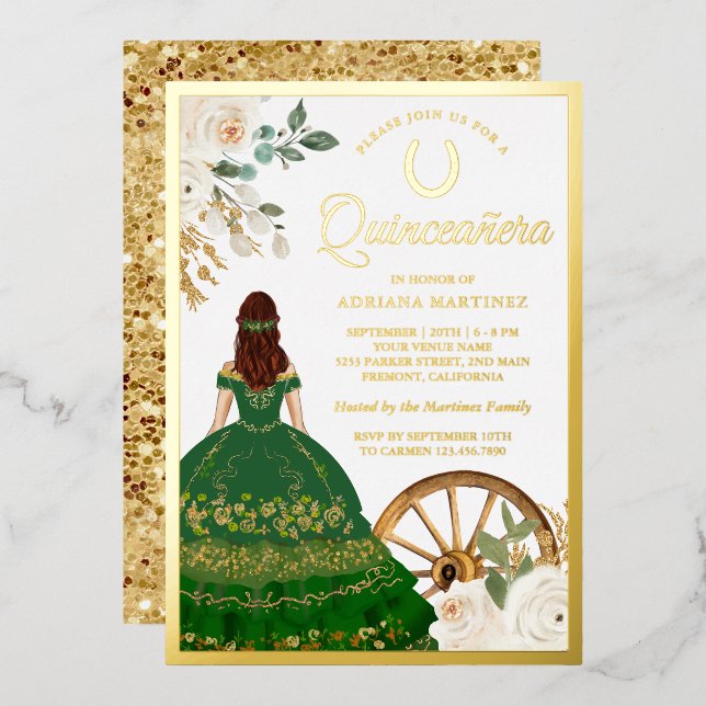 Invitación Con Relieve Metalizado Vestido verde marfileño Charro Quinceanera Gold (Anverso/Reverso)