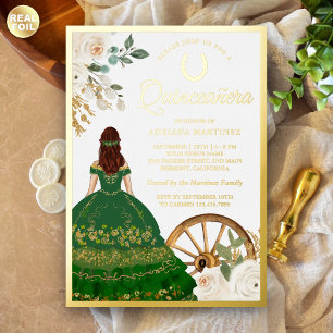 Invitación Con Relieve Metalizado Vestido verde marfileño Charro Quinceanera Gold