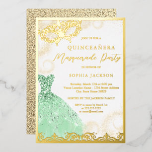 Invitación Con Relieve Metalizado Vestido Verde Máscara de Oro Fiesta Quinceañera