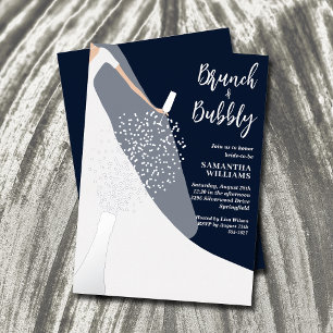Invitación Con Relieve Metalizado Vestido y velo novia ducha marina azul