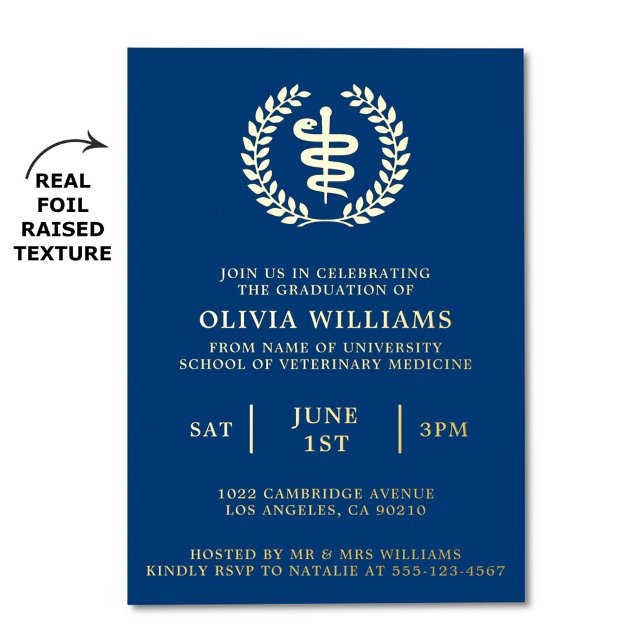 Invitación Con Relieve Metalizado Vet School Navy Y Gold Graduation Party (Vet school graduation party invitation with real foil raised texture)