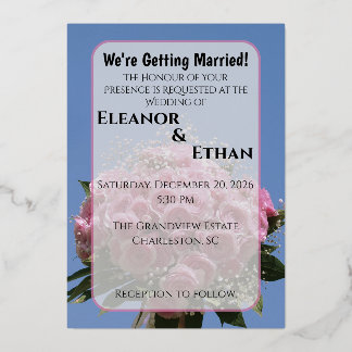 Invitación Con Relieve Metalizado Vibrant Pink Rose Bouquet & Blue Sky Summer 