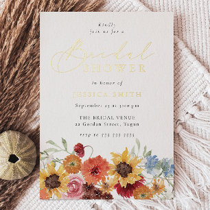 Invitación Con Relieve Metalizado Vibrante Acuarela Floral Baño Nupcial Oro