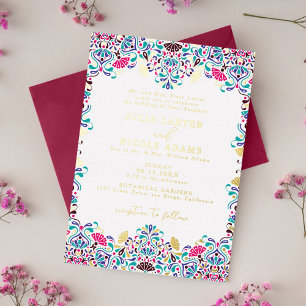 Invitación Con Relieve Metalizado Vibrante Boda de Arcoíris al Estilo Fiesta Mexican