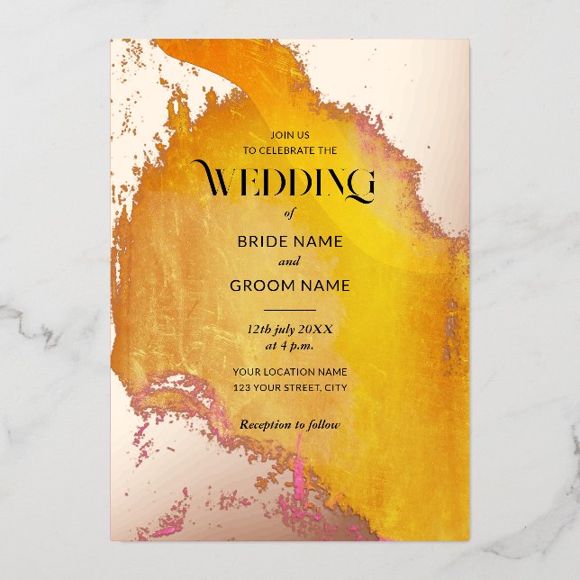 Invitación Con Relieve Metalizado Vibrante Boda de textura rosa y Naranja (Anverso)