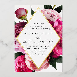 Invitación Con Relieve Metalizado Vibrante Peonies Diamond Floral Frame Boda Gold