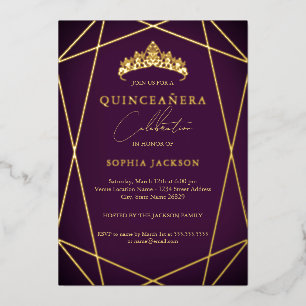 Invitación Con Relieve Metalizado Vibrante púrpura geométrico dorado elegante Quince