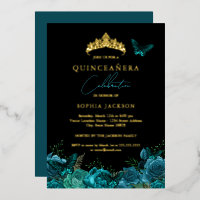 Vibrante Quinceañera Azul Teal Negro Mariposa