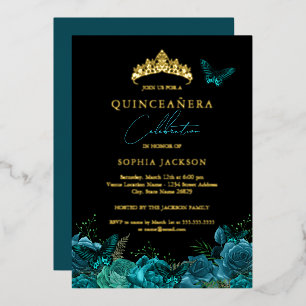 Invitación Con Relieve Metalizado Vibrante Quinceañera Azul Teal Negro Mariposa