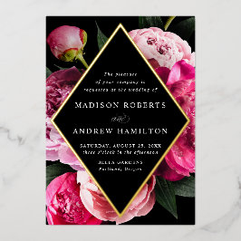 Invitación Con Relieve Metalizado Vibrantes peonías Marco floral de diamante Boda Or