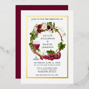 Invitación Con Relieve Metalizado Vid de uvas de acuarela Corona floral de borgoña d