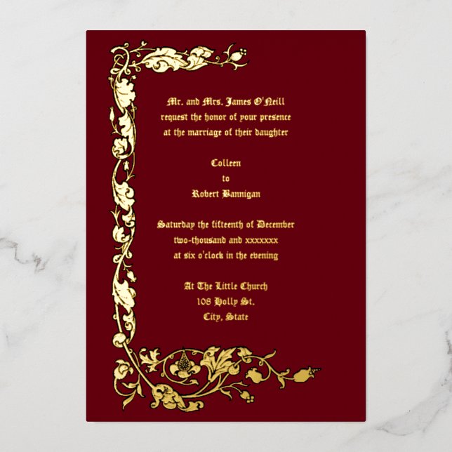 Invitación Con Relieve Metalizado Viñeta floral simple William Morris (Anverso)