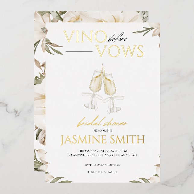 Invitación Con Relieve Metalizado Vino antes de Vows Gold Floral Británica Ducha (Anverso/Reverso)