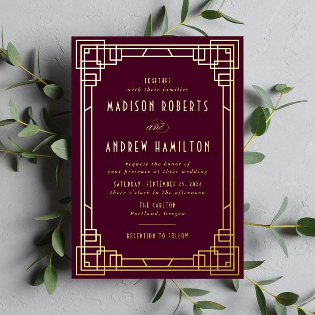 Invitación Con Relieve Metalizado Vino Boda y oro modernista (Subido por el creador)