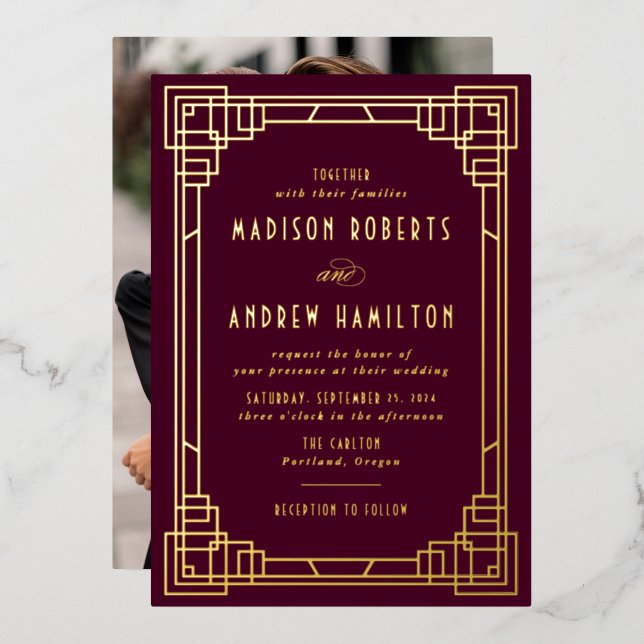 Invitación Con Relieve Metalizado Vino Boda y oro modernista (Anverso/Reverso)