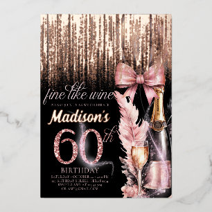 Invitación Con Relieve Metalizado Vino Rosado de Lujo para Cumpleaños de Adultos núm