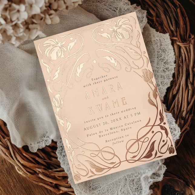 Invitación Con Relieve Metalizado Vinos de flores Rosa de Art Nouveau Botánico Peach (Subido por el creador)