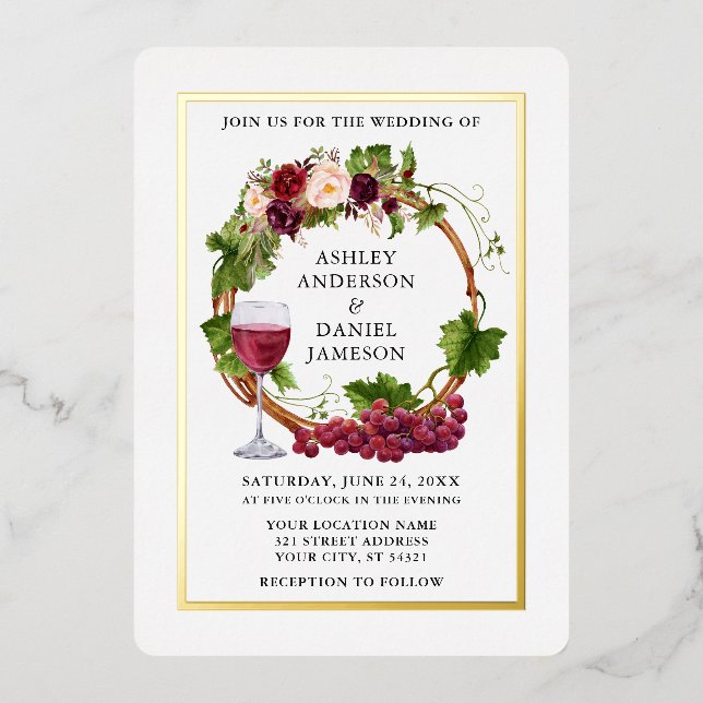 Invitación Con Relieve Metalizado Vinos de uva acuarela Boda de guirnalda floral (Anverso)