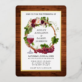 Invitación Con Relieve Metalizado Vinos de uva acuarela Wreath Floral Oro de madera