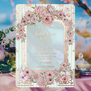 Invitación Con Relieve Metalizado Vintage Aqua Peony Bridal Shower Tea Fiesta