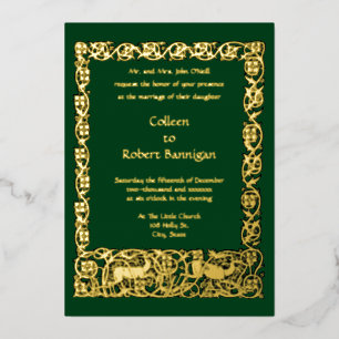 Invitación Con Relieve Metalizado Vintage Art Nouveau Floral Foliage & Deer Border