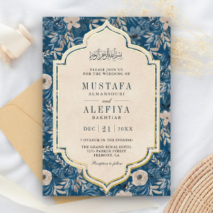 Invitación Con Relieve Metalizado Vintage Azul Crema Floral Musulmán Boda Dorado