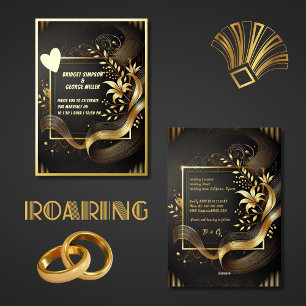 Invitación Con Relieve Metalizado Vintage Black Gold Moderno Art Deco Boda real