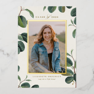 Invitación Con Relieve Metalizado Vintage Botanical Leaves Beige Foto Graduada