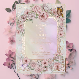 Invitación Con Relieve Metalizado Vintage Champagne Peony Boda