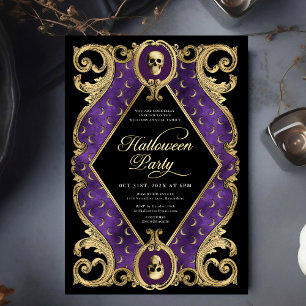 Invitación Con Relieve Metalizado Vintage del Ornato de Oro de la Fiesta de Hallowee