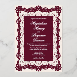 Invitación Con Relieve Metalizado Vintage Elegant Burgundy Ivory Cream Lace Wedding